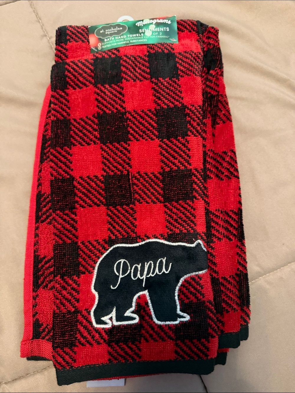 St. Nicholas Square Red and Black Buffalo Plaid Embroidered Hand Towel